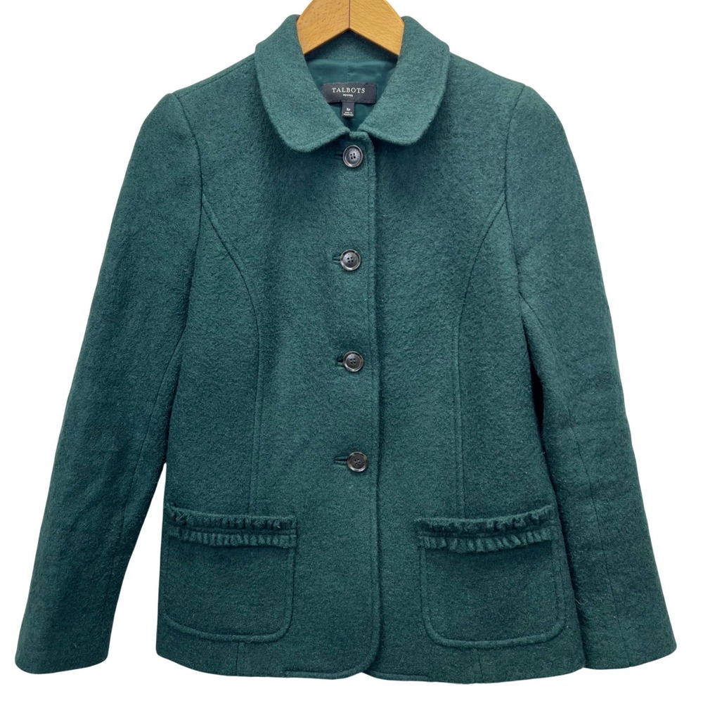 Talbots Petites Wool Blend Jacket 8P Green Ruffle Pocket Peter Pan Collar Blazer